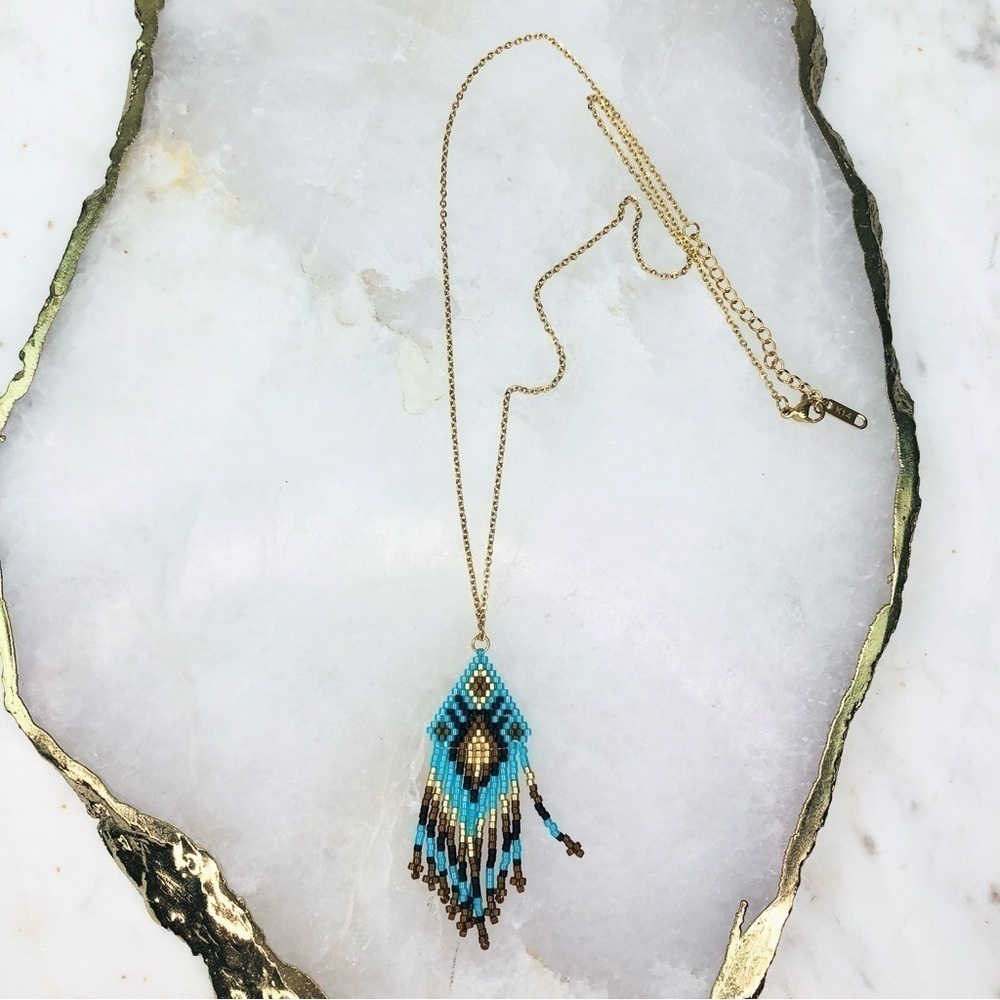 gold chain necklace with turquoise beaded design boho/southwest